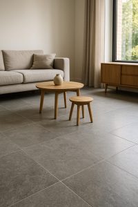 Gezoete natuursteen vloer (Belgisch hardsteen) in moderne woonkamer – Tetterode Weesp.